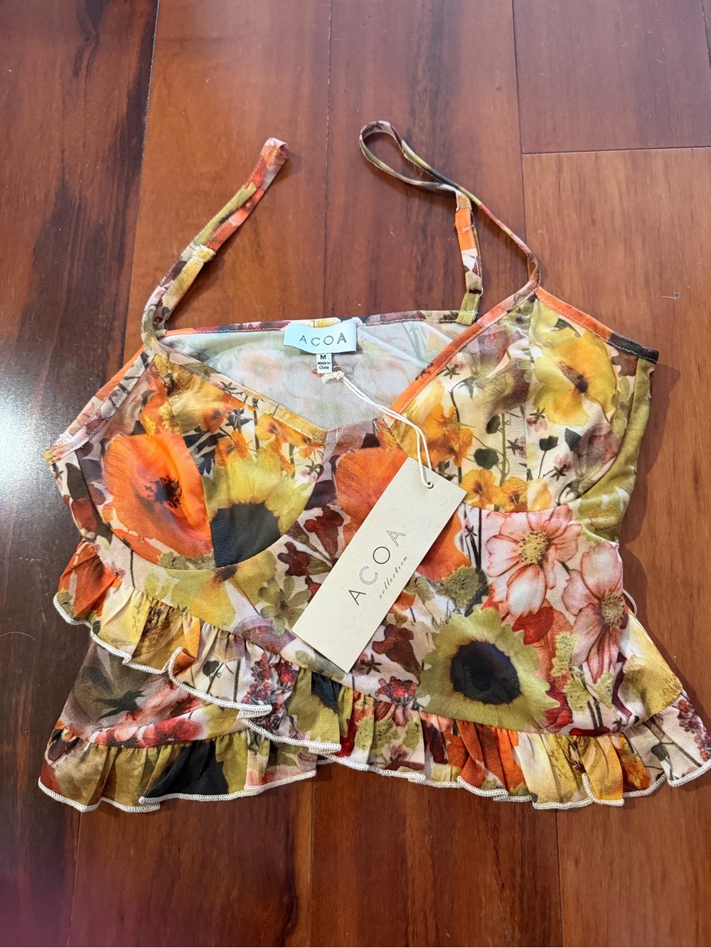 ACOA Floral Ruffle Crop Cami in Multicolor Sunflower Print